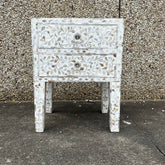 Mother Of Pearl Inlay White Floral Pattern Bedside Table With Drawers